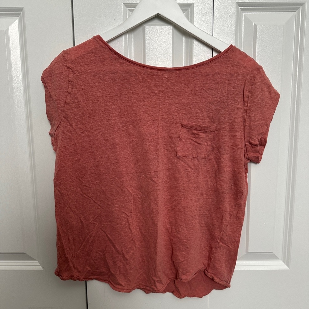 LOFT Warm Coral Linen Short Sleeve Top with pocket